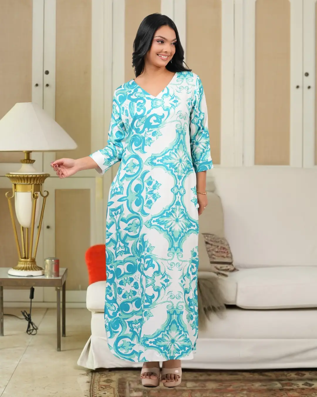 Geometric Patterned V-Neck Maxi Dress - Image 3