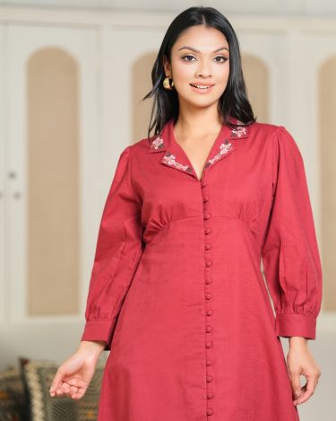 Embroidered Lapel Collar Midi Dress