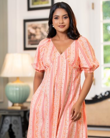 V-Neck Puff Sleeve Midi Dress