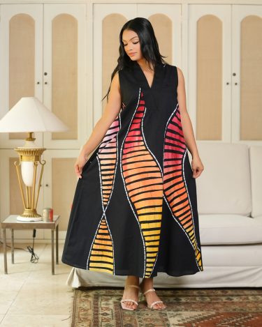 High Collared Sleeveless Batik Midi Dress