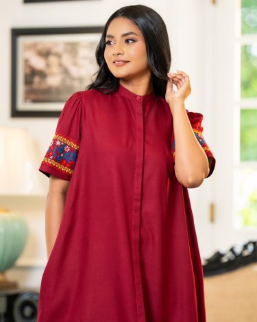 A-Line Short Dress with Contrast Embroidery Print