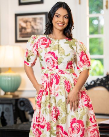 Floral Printed Puff Sleeve Midi dress