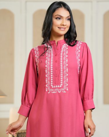 Mandarin Yoke Embroidery Detail Midi Dress