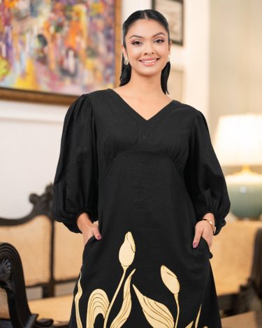 V-Neck Empire Midi Dress with Tulip Batik