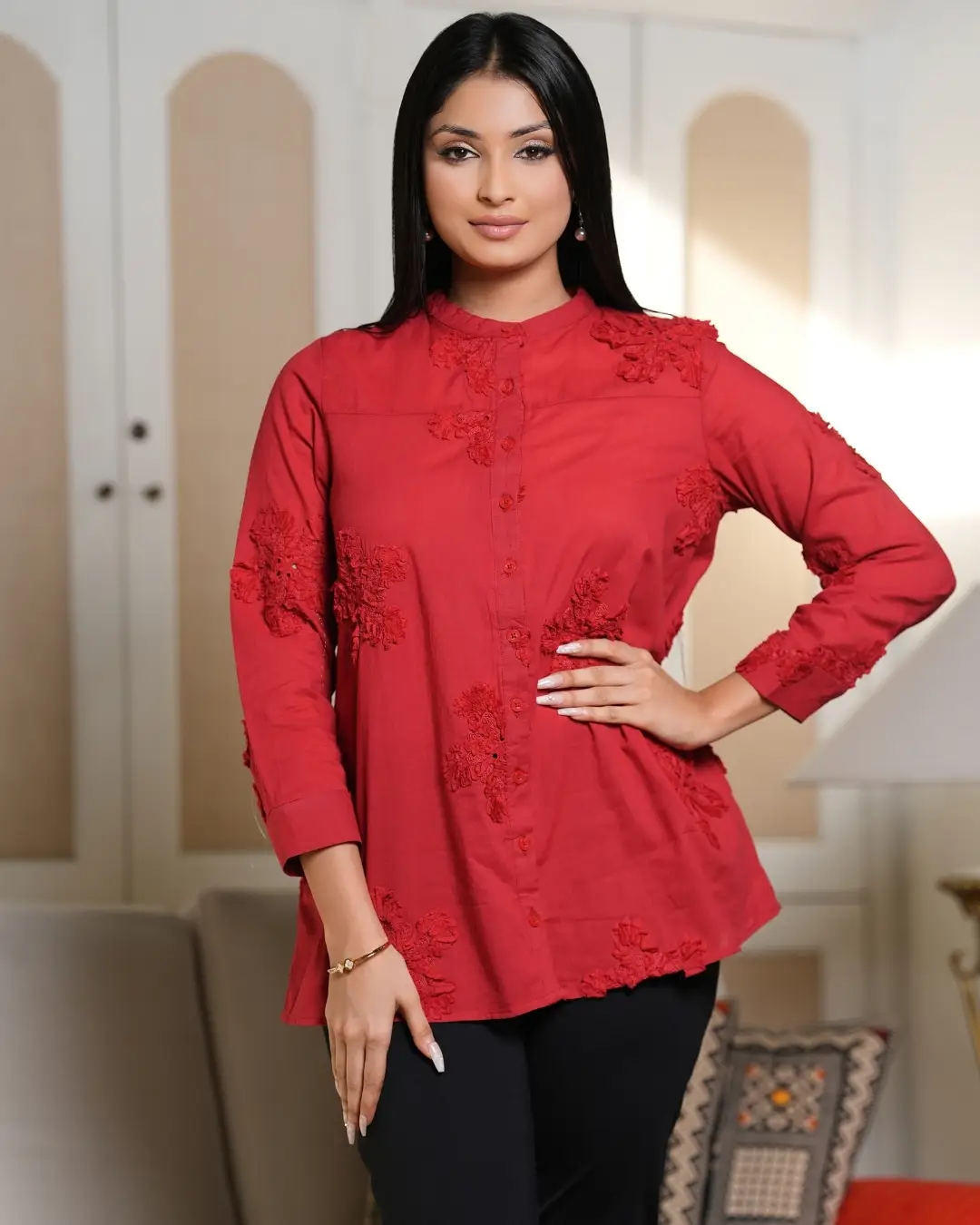 Ribbon Embroidered Floral Button Up Top
