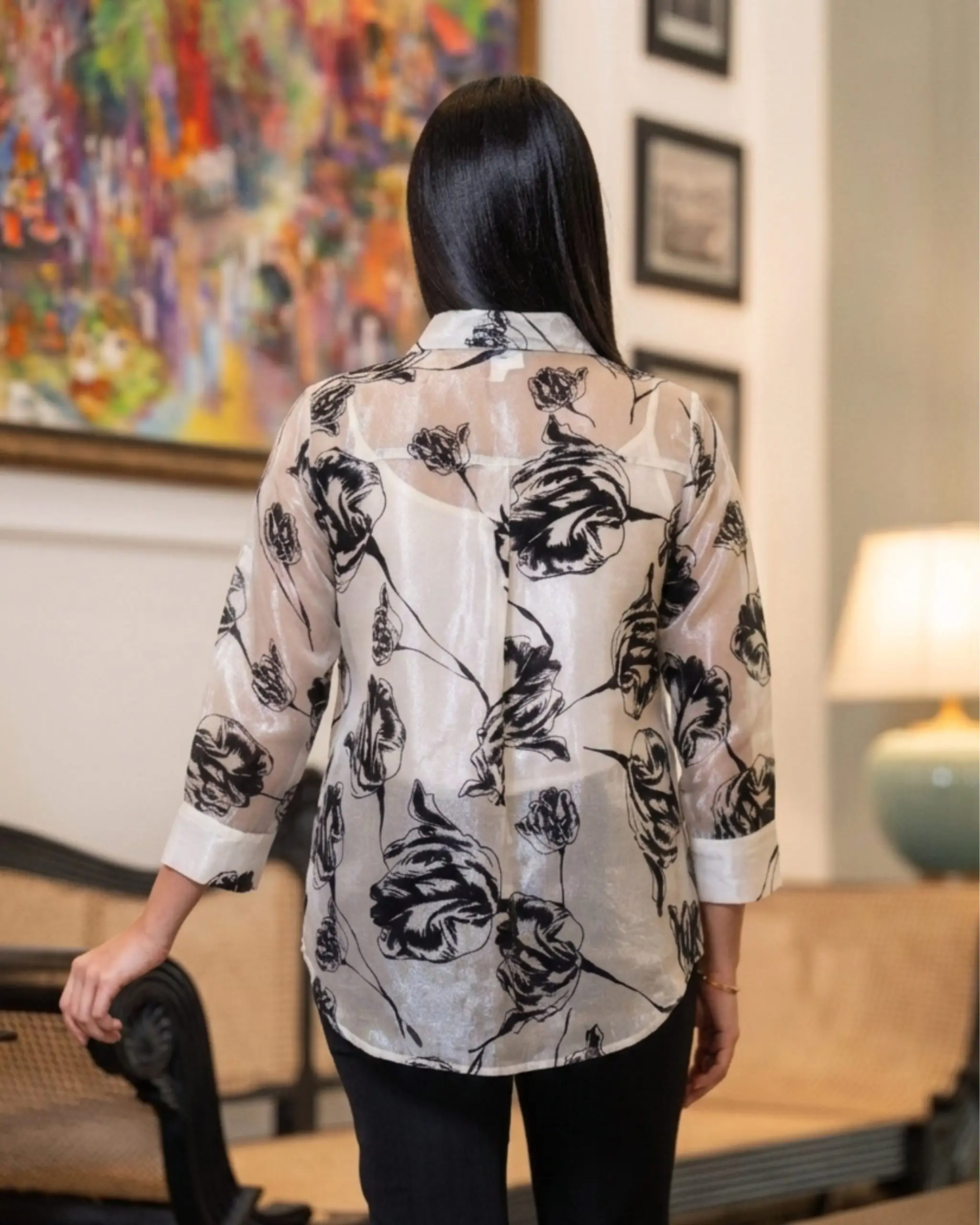 Floral Detailed Sheer Button Down Blouse - Image 4