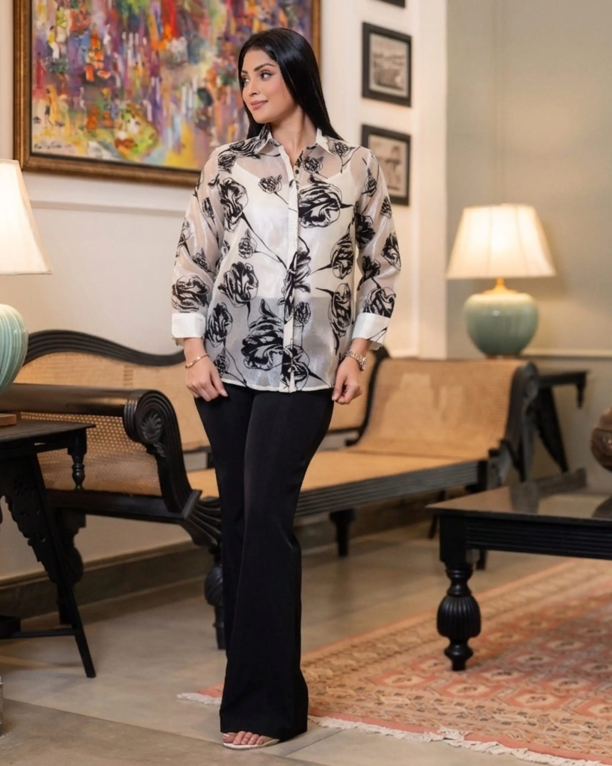 Floral Detailed Sheer Button Down Blouse - Image 3