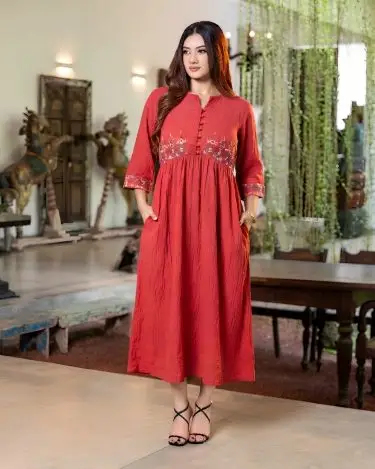 The Gathered Waist Poppy Fields Embroidered Midi Dress