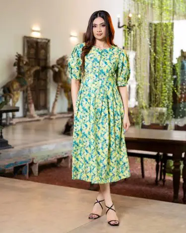 The Puff-Sleeve Pleated Waist Midi Dress