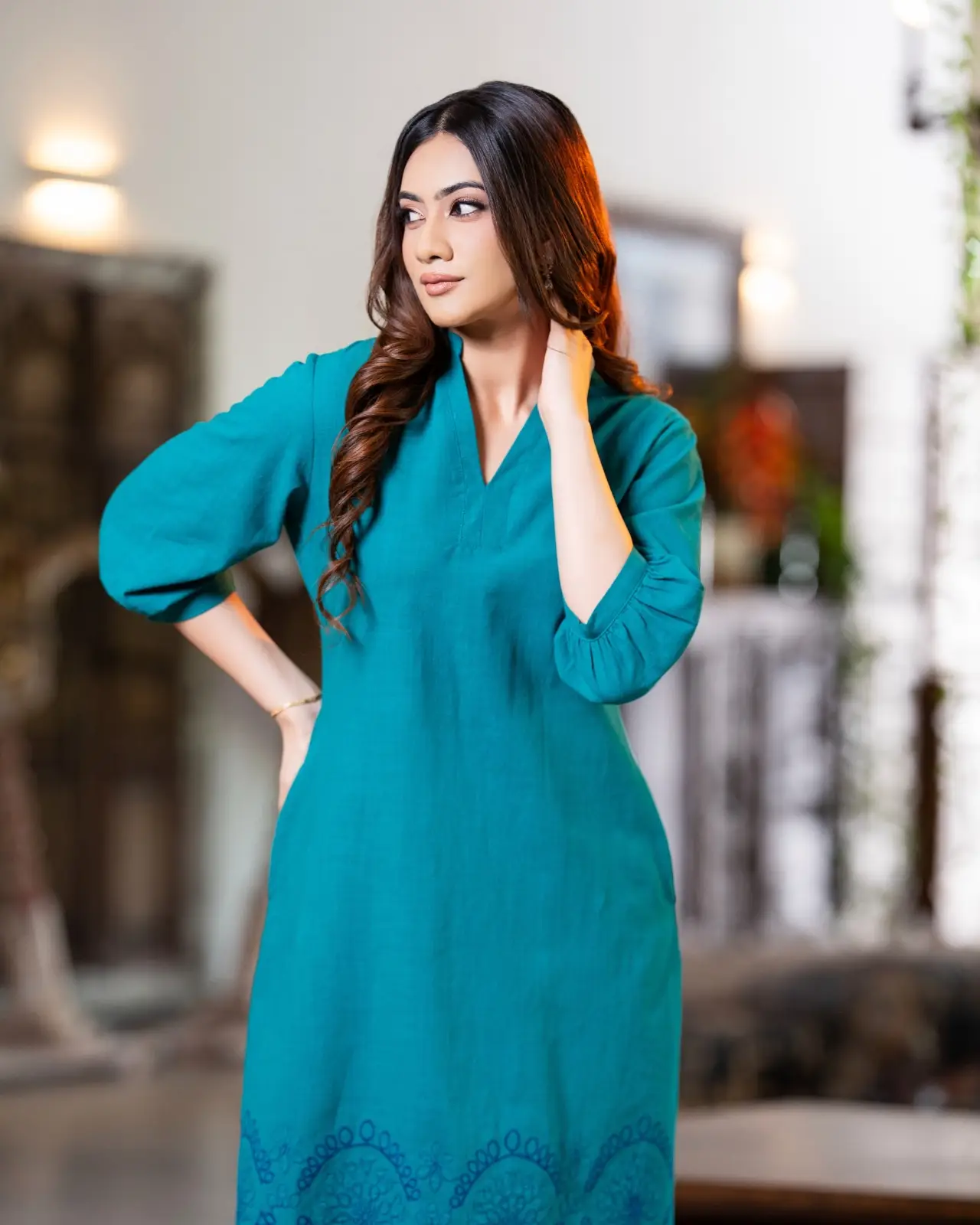 V-Neck Short Shift Dress with Scalloped Hem Embroidery - Image 5