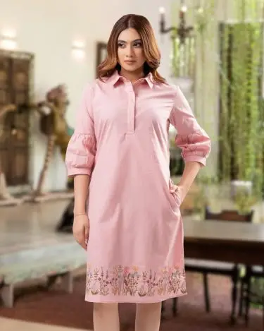 Blush Wildflower Hem Embroidered Half Placket Short Dress