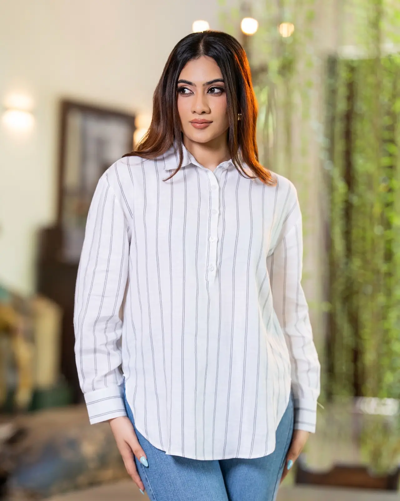 PinStripe Curved Hem Tunic Blouse - Image 2