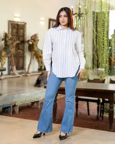 PinStripe Curved Hem Tunic Blouse