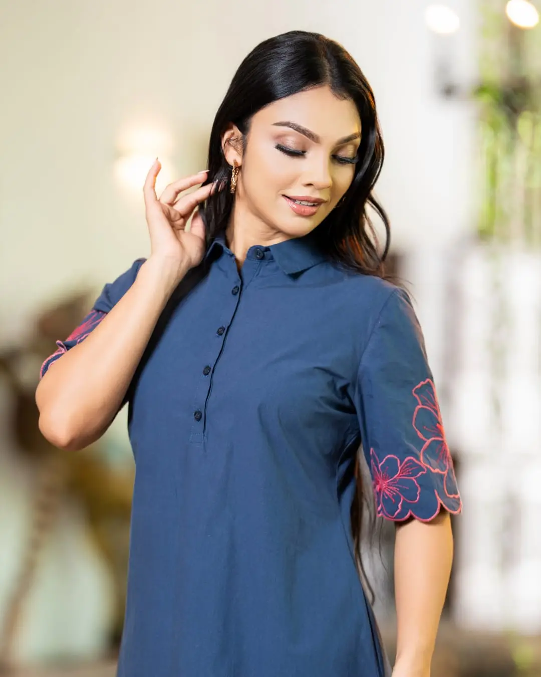 The Midnight Floral Cutwork Embroidery Midi Dress - Image 3