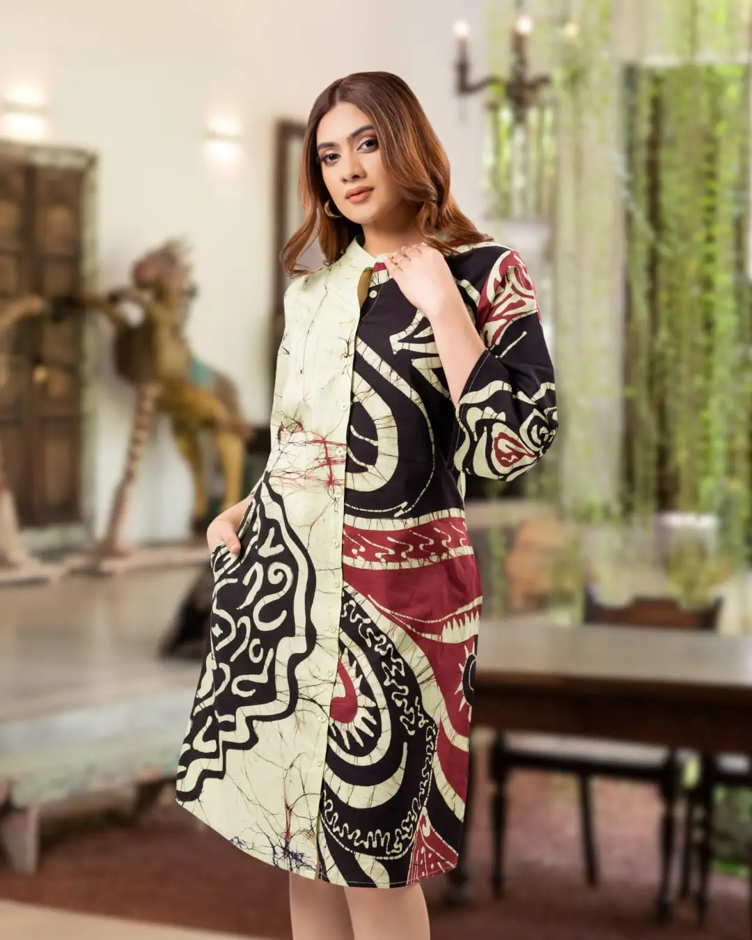 The Mosaic Prism Batik Mandarin Collar Short Shirt Dress - Image 4