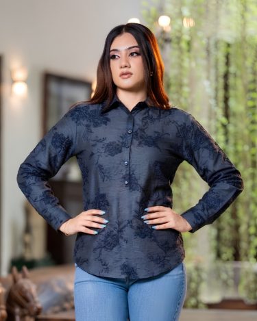 Long Sleeve Slate Botanical Button-Down Blouse
