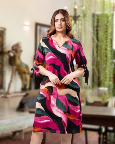 The Abstract Wave Tie-Sleeve Short Dress