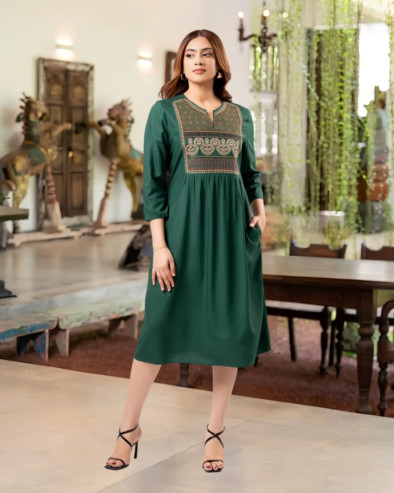 The Emerald Yoke Tapestry Gathered Short Dress - Image 3