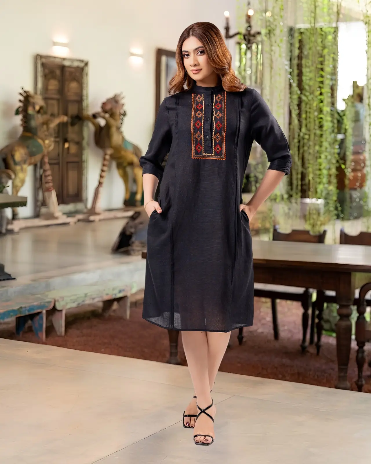 Geometric Embroidered Pintuck Detailed Short Dress - Image 2
