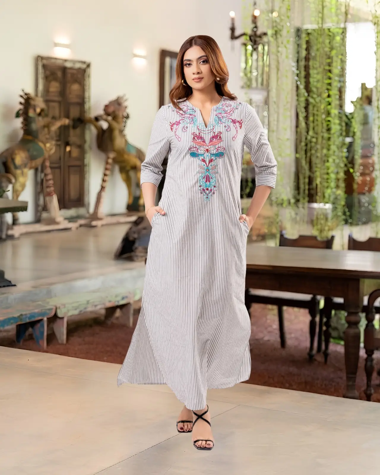 The Meadow Embroidered Pinstripe Maxi Dress - Image 3