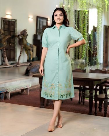 Earthy Floral Embroidered Pintuck Detailed Short Shirt Dress